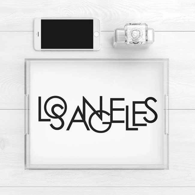 extra large acrylic tray with handles and black and white print new York los angeles