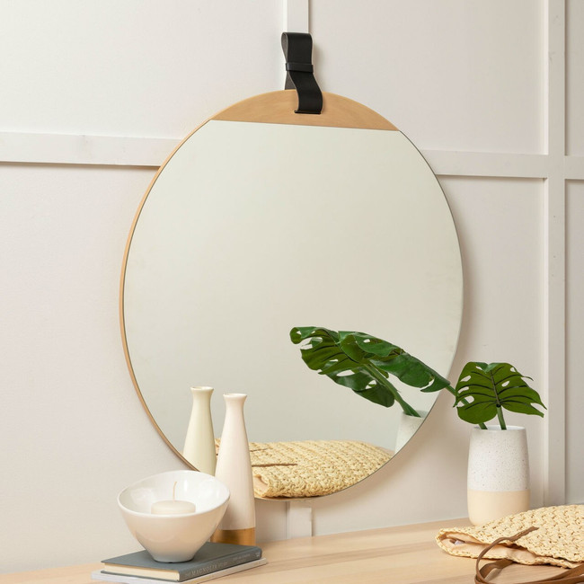 round mirror leather strap modern frameless powder room bathroom Heppner Wall Mirror