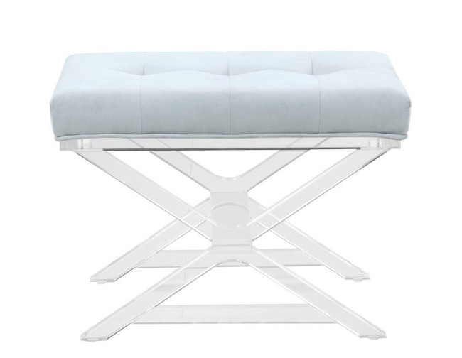 clear acrylic lucite stool ottoman with button tufted grey cushion chintaly imports