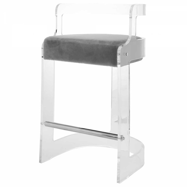 clear acrylic lucite round back open barstool with arms grey seat modern