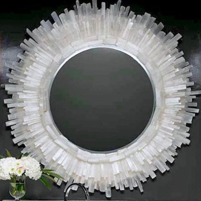 nate ricketts selenite quartz crystal white starburst sunburst wall mirror designer powder room