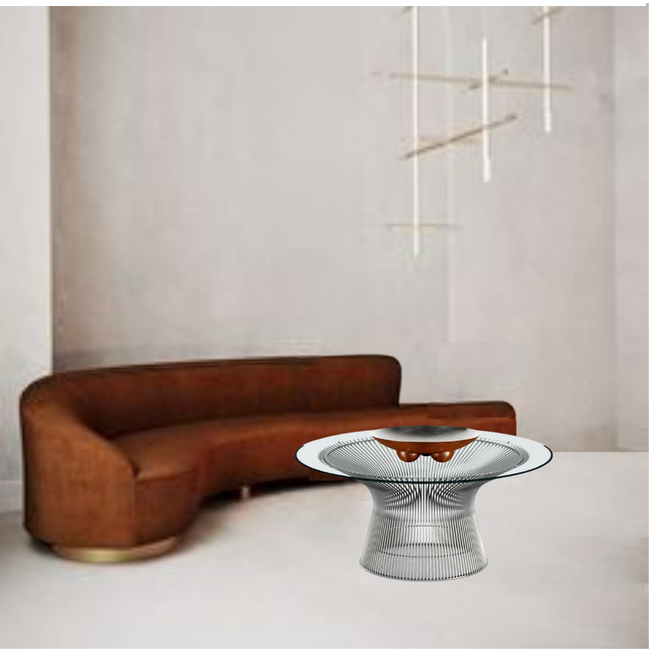 Mid Century Platner Style Round Cocktail Table with Glass Top