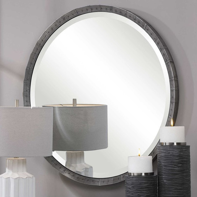 uttermost bartow steel grey industrial style rustic round wall mirror farm