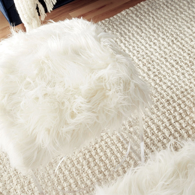 white faux Mongolian fur fluffy modern cube lucite acrylic square ottoman stool