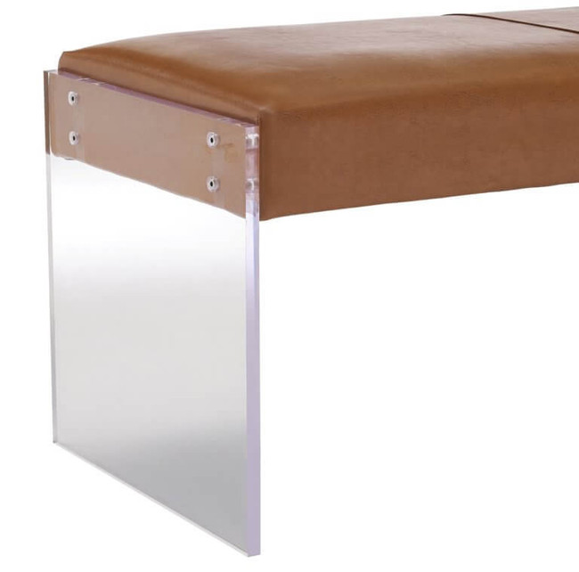 faux leather window bench in brown color with clear acrylic lucite legs tov envy