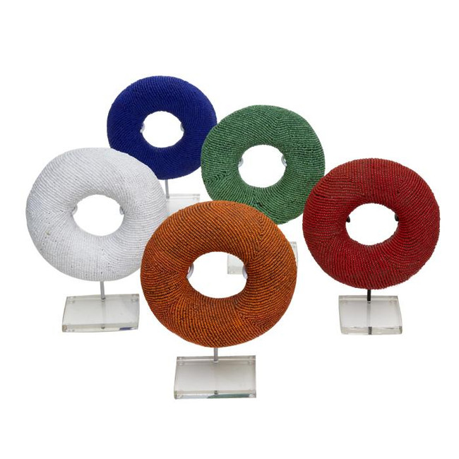 African Beaded Donut gold metallic sphere circle on clear lucite acrylic stand global