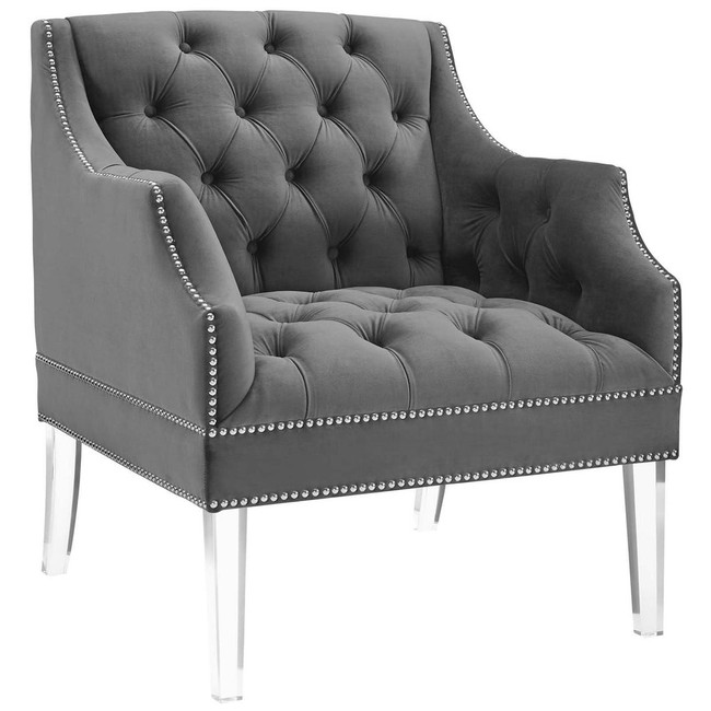 Chesterfield Grey Velvet Square Chair with Acrylic Legs & Nail Heads