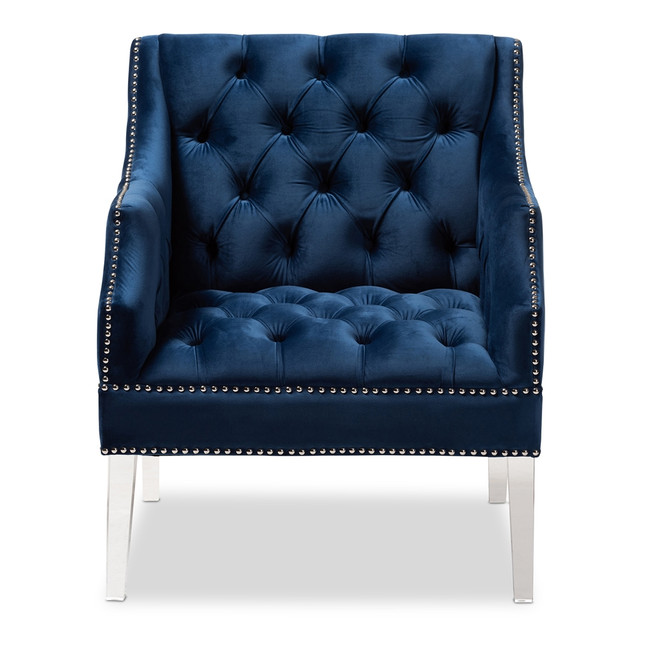 BAXTON STUDIO SILVANA MODERN AND CONTEMPORARY NAVY VELVET FABRIC UPHOLSTERED LOUNGE CHAIR WITH ACRYLIC LEGS