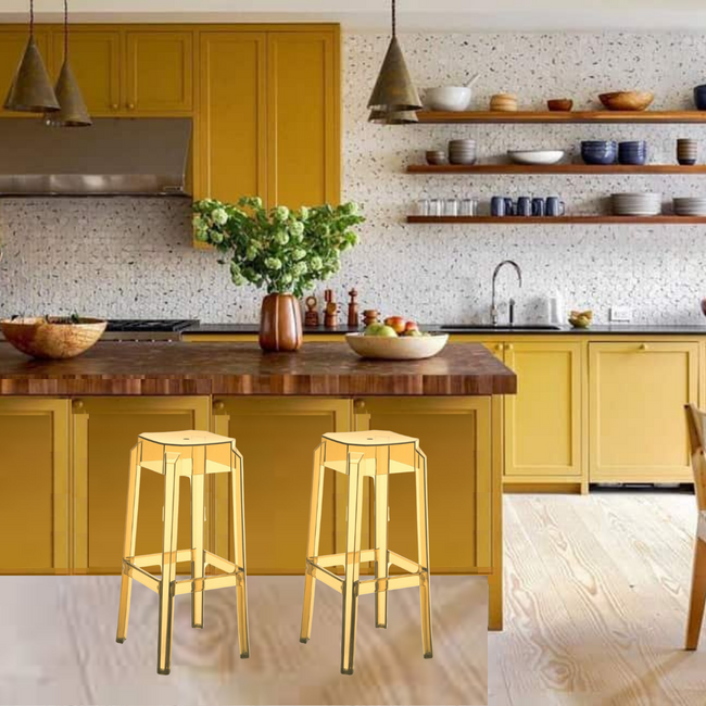 Clear Amber Ghost Style Backless Barstools, Pair