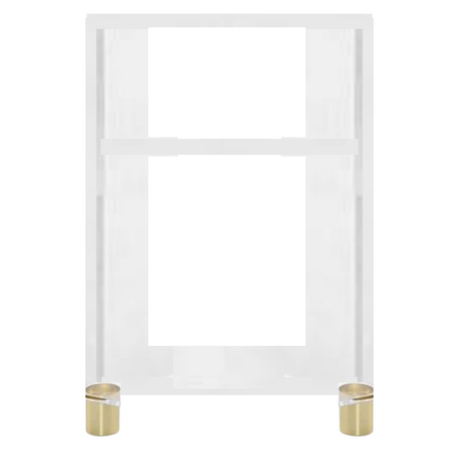 clear lucite acrylic small bookcase bookshelf end side accent nightstand gold brass feet