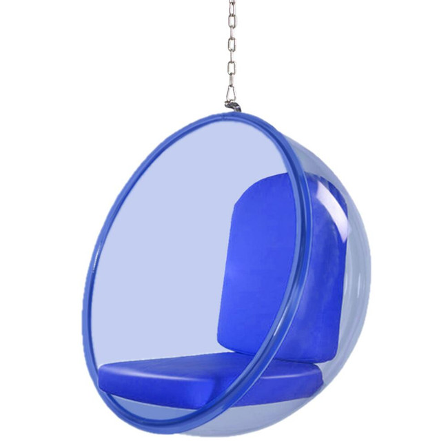finemod blue acrylic lucite bubble ball hanging chair blue cushions chrome chain