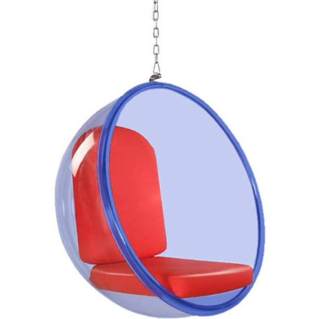 finemod blue transparent clear acrylic lucite hanging bubble chair red cushions