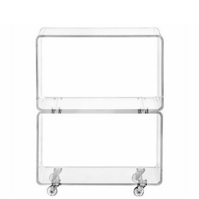 clear acrylic lucite rolling low bookcase tv media stand