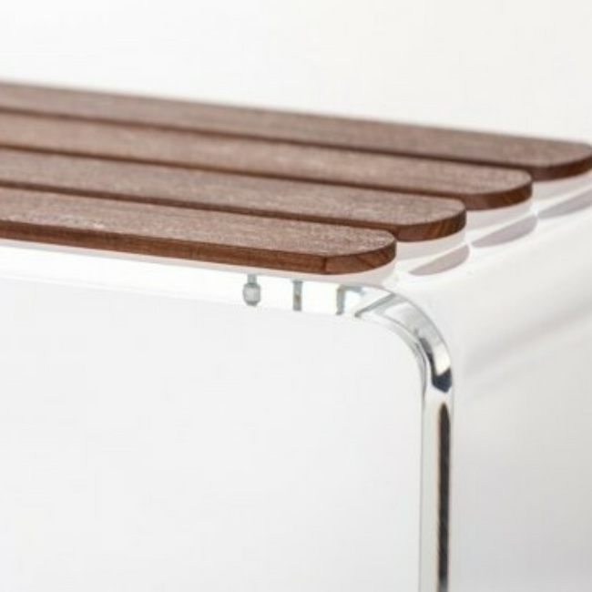Clear Lucite Shower Stool with Teak Top