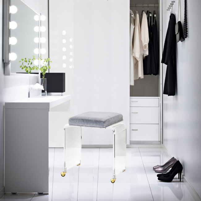 Lucite Vanity Stool with Velvet Seat and Gold Wheels,