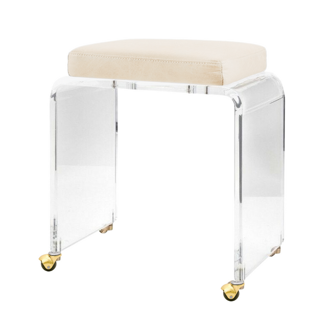 Lucite Vanity Stool with Velvet Seat and Gold Wheels,
