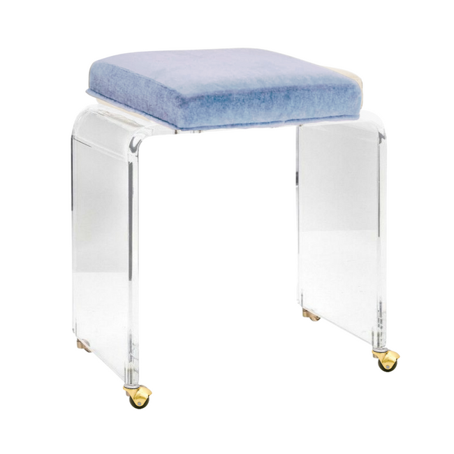 Lucite Vanity Stool with Velvet Seat and Gold Wheels,