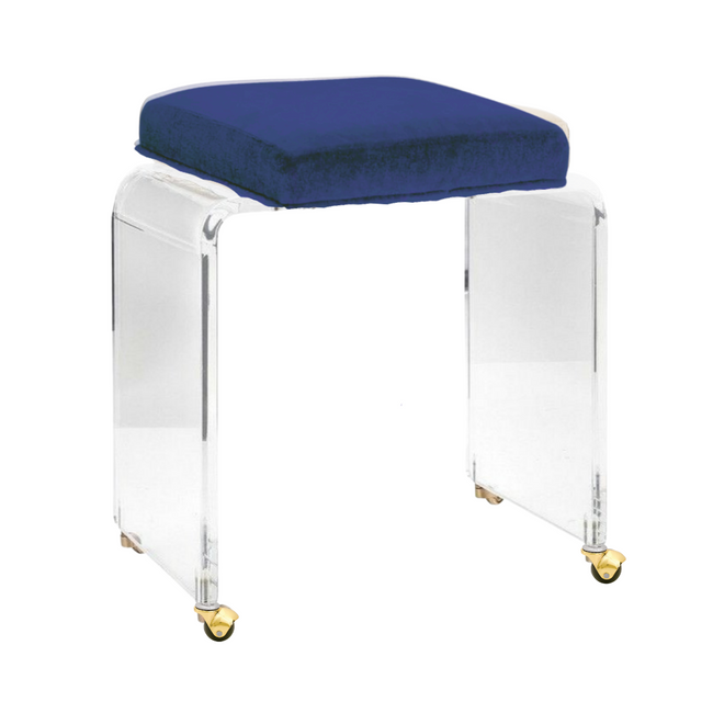 Lucite Vanity Stool with Velvet Seat and Gold Wheels,