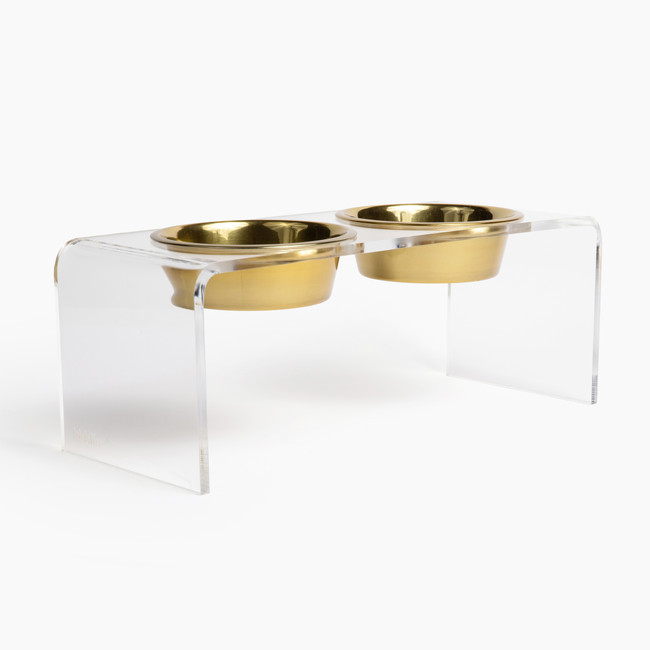 Medium Clear Double Pet Bowl Feeder with Gold Bowls