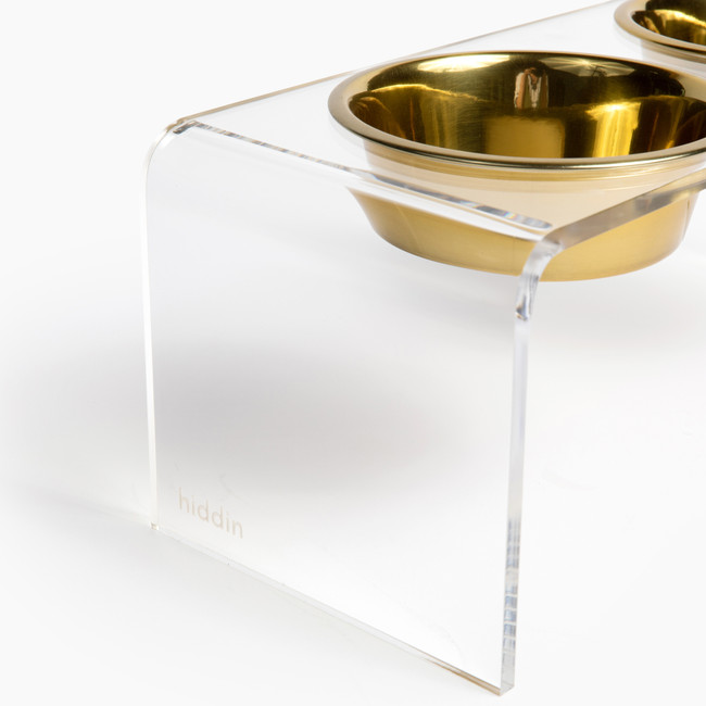 Hiddin Medium Clear Double Bowl Pet Feeder - Gold