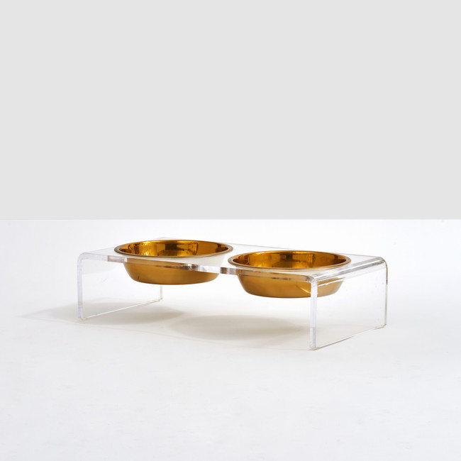 Clear Acrylic Double Bowl Pet Feeder with Gold Bowls