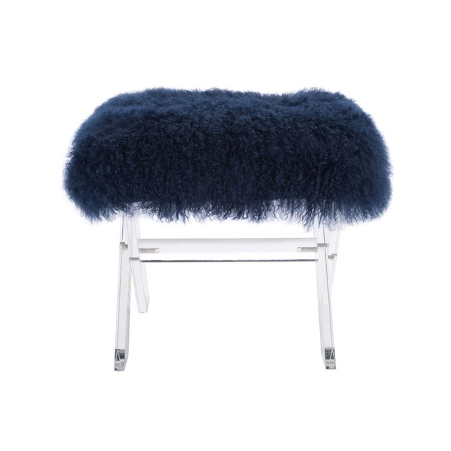 safavieh coroline navy genuine sheepskin mongolian blue fur top acrylic lucite x leg ottoman stool bench modern