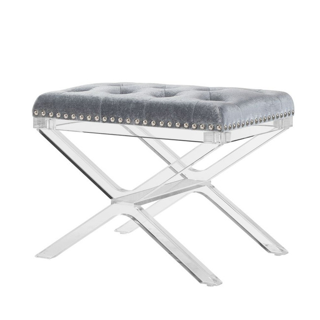 Grey Ottoman with Acrylic X Base and Nail Heads