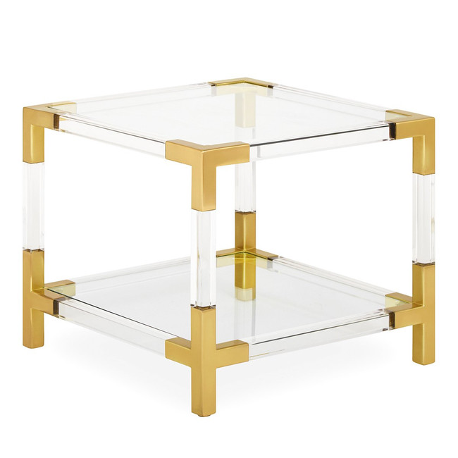 Acrylic and Brass Metal Corners Square Side Table