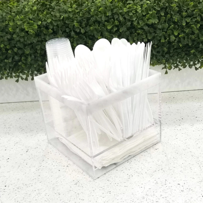 modern lucite acrylic carrera marble swivel silverware caddy holder organizer lazy susan