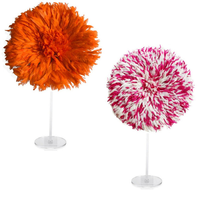 modern color feathers juju african hats circles clear lucite acrylic T stand tabletop accessory