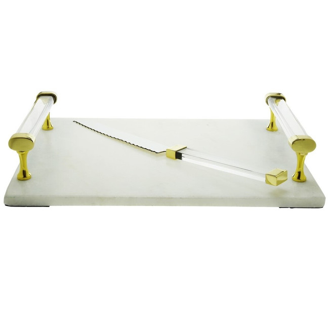 white marble gold lucite acrylic handle modern challah cutting board knife set