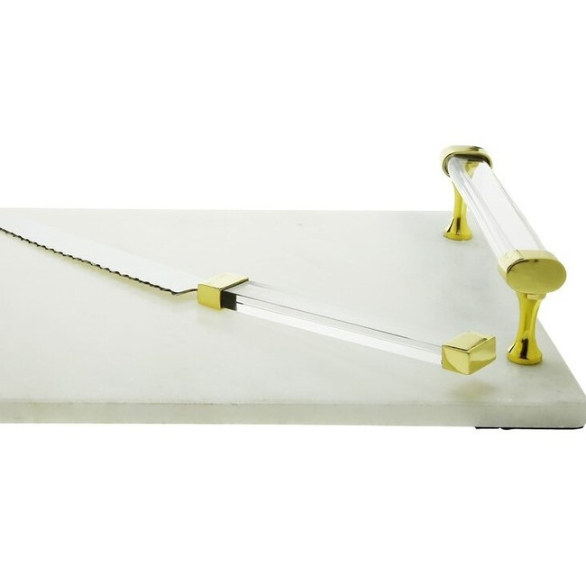 white marble gold lucite acrylic handle modern challah cutting board knife set