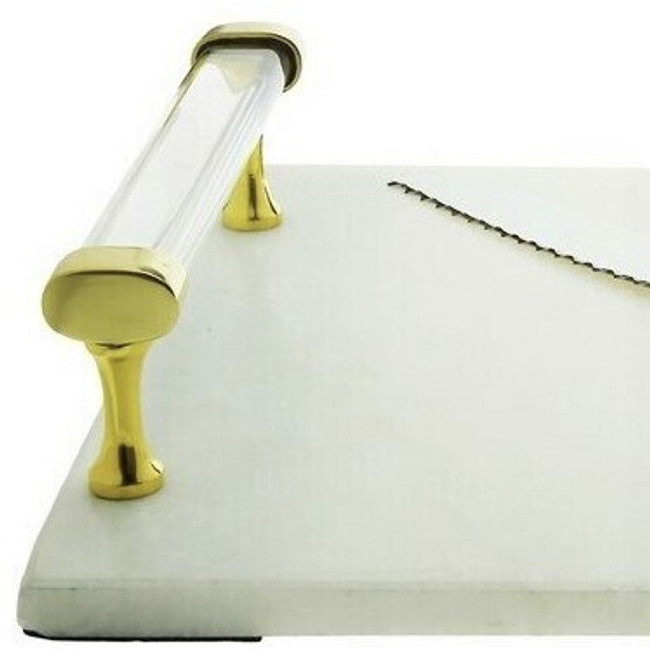 white marble gold lucite acrylic handle modern challah cutting board knife set