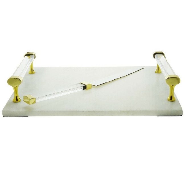 white marble gold lucite acrylic handle modern challah cutting board knife set