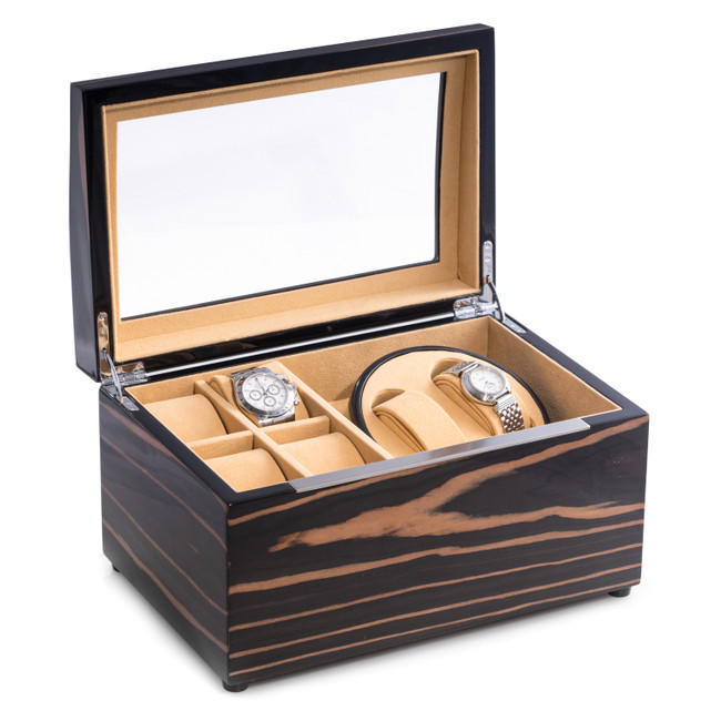 Macassar Ebony Watch Winder Case Glass Top mens accessory organizer 4 watch storage