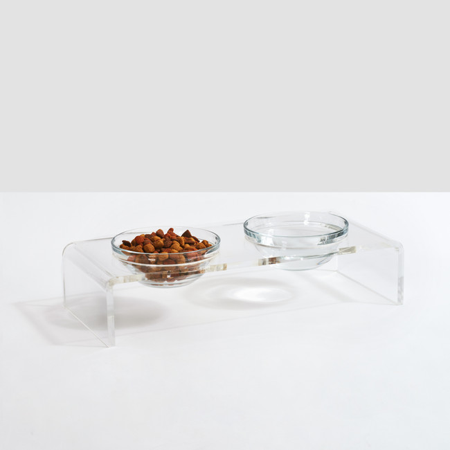 Small Pet Lucite acrylic Double Feeder with Glass Bowls