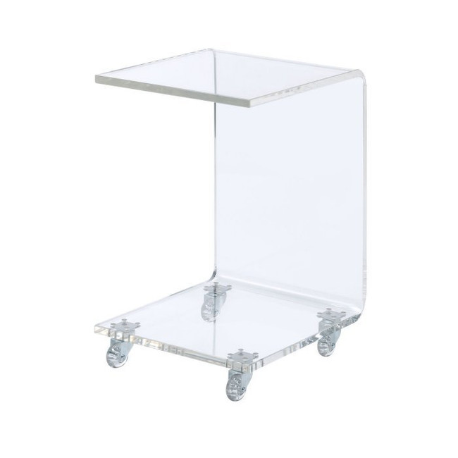 clear lucite acrylic c slide table with wheels goes under couch bed