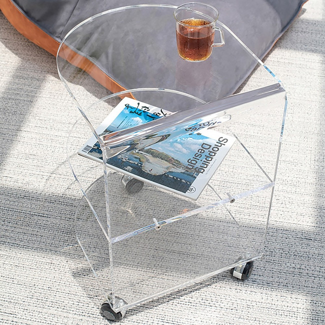 clear acrylic lucite modern 3 shelf storage end side table cart slide rolling wheels