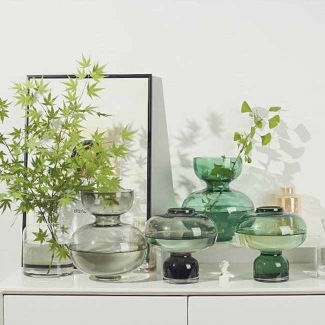 Modern Handblown Glass Green Orb Vases