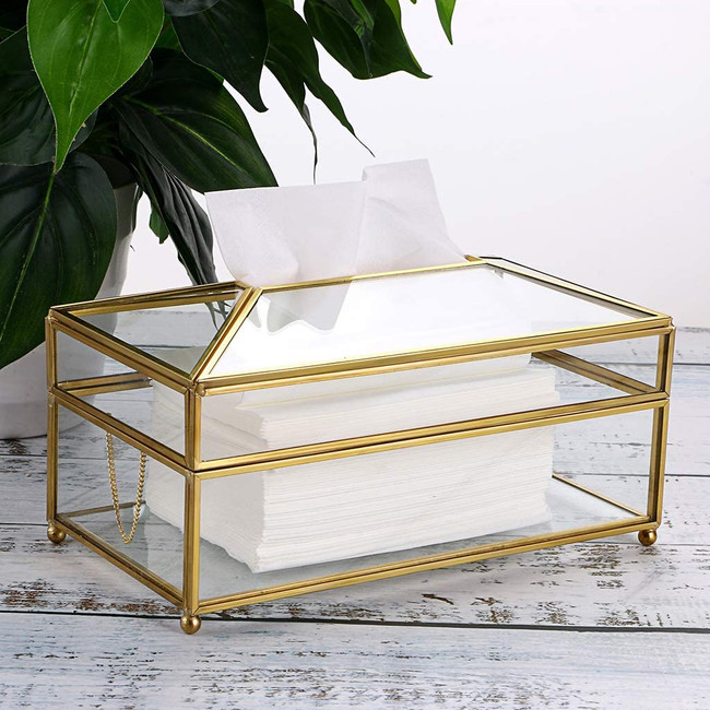 Clear Glass and Gold Tissue Box
