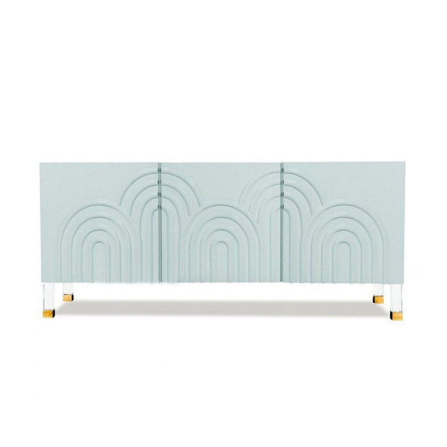 Light Blue 3 Door Ribbed Credenza with Lucite Hardware
