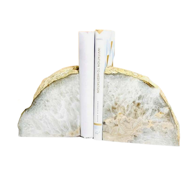 Natural White Agate Geode Bookends, Pair