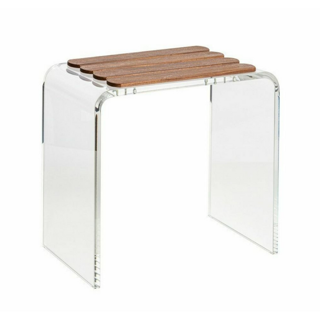 modern waterfall lucite acrylic teak top clear shower bench stool seat pool outdoor