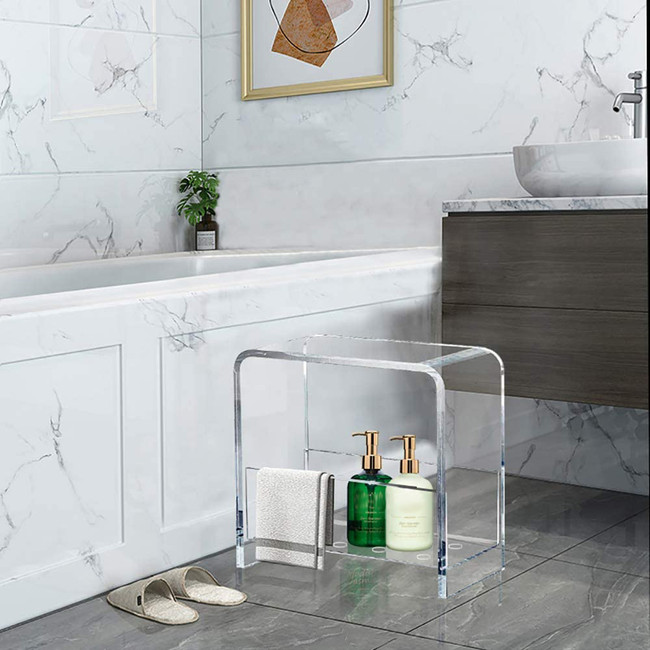 Clear Lucite Shower Bench with Storage Shelf