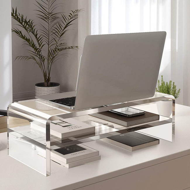 2 Tier Thick Lucite Computer Riser with Storage Shelf