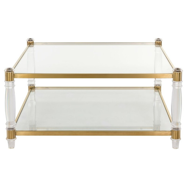 Large Square Glass Top Coffee Table with Brass Turned Lucite Legs