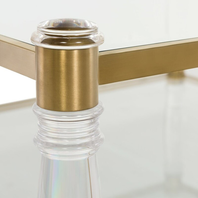 Large Square Glass Top Coffee Table with Brass Turned Lucite Legs