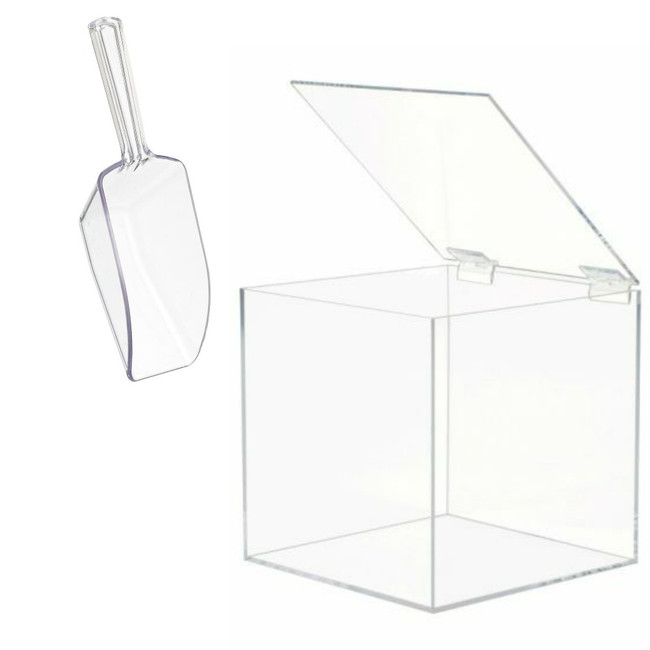 clear Acrylic Lucite cube bin storage Box w/ Hinged Lid toy organizer food container large scoop