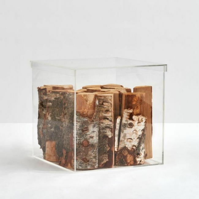 large clear acrylic lucite box cube storage bin cube side table