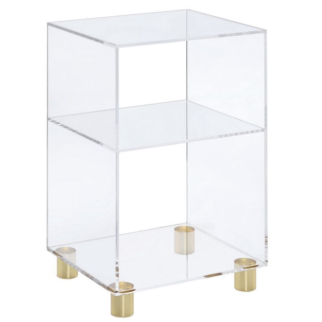 clear lucite acrylic small bookcase bookshelf end side accent nighstand gold brass feet